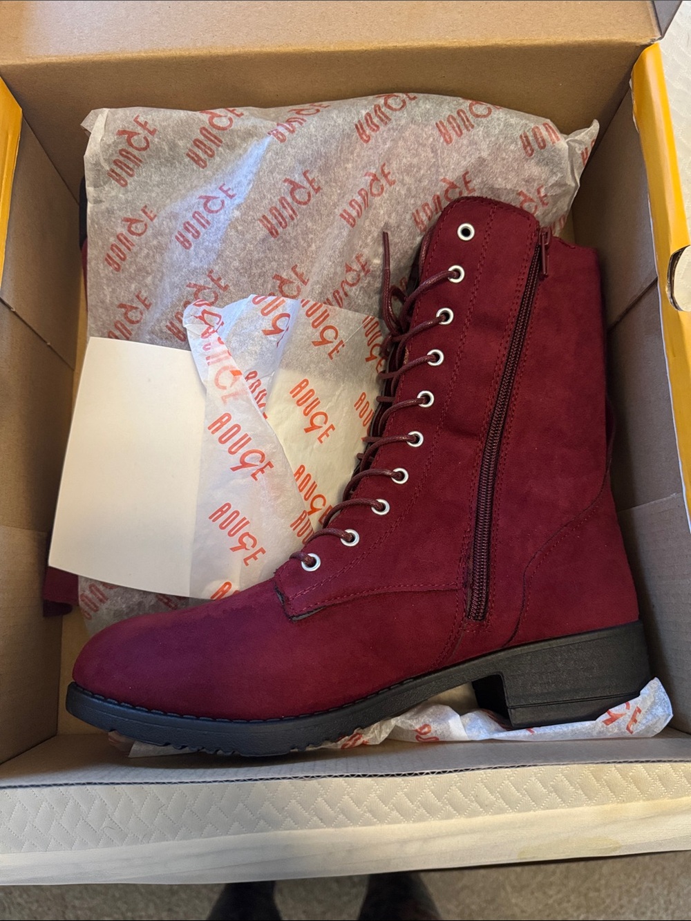 Rouge! Lace-Up Side Zip Ankle Boots in Wine Red
